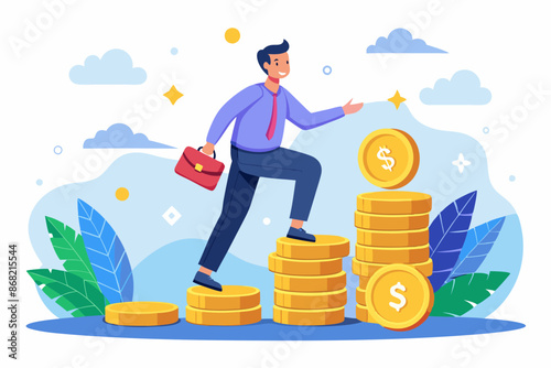 Young Investor Stepping on Coin Stack, Starting Investment Journey for Compound Financial Growth