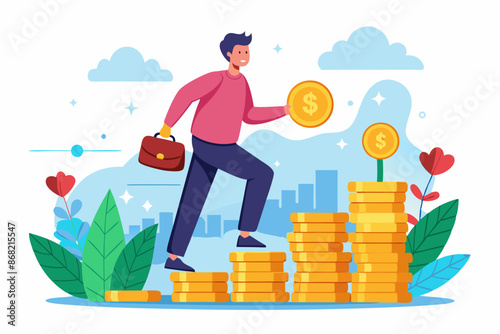 Young Investor Stepping on Coin Stack, Starting Investment Journey for Compound Financial Growth