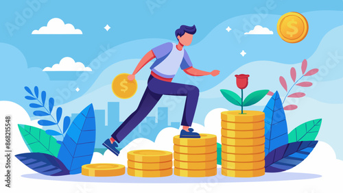 Young Investor Stepping on Coin Stack, Starting Investment Journey for Compound Financial Growth