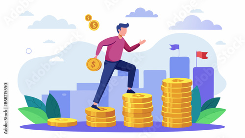 Young Investor Stepping on Coin Stack, Starting Investment Journey for Compound Financial Growth