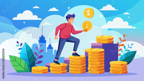 Young Investor Stepping on Coin Stack, Starting Investment Journey for Compound Financial Growth