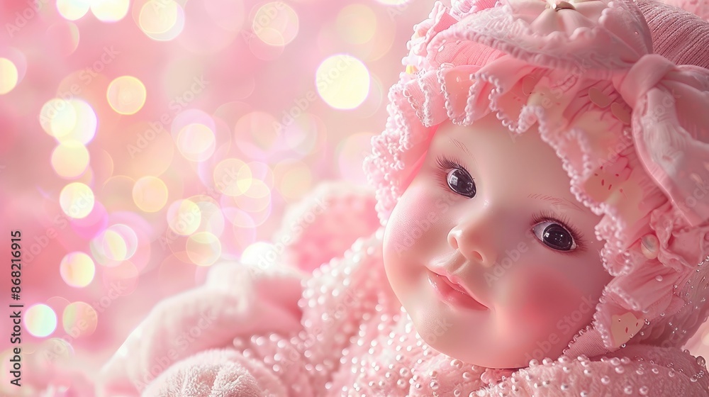 Fototapeta premium Charming Doll of a Child Amidst Twinkling Bokeh Lights