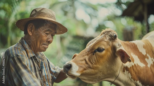 An Indonesian middle-aged farmer tending to his livestock for traditional sacrifices during Eid Al Adha.