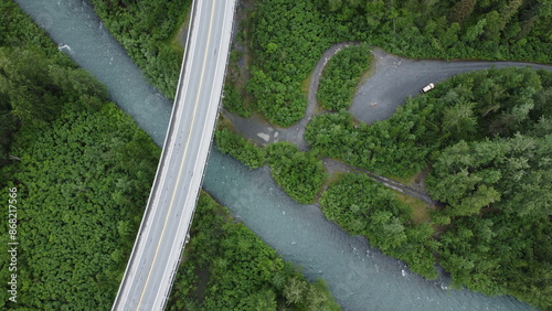 Aerial View of Alaskan Road, River, and Forest