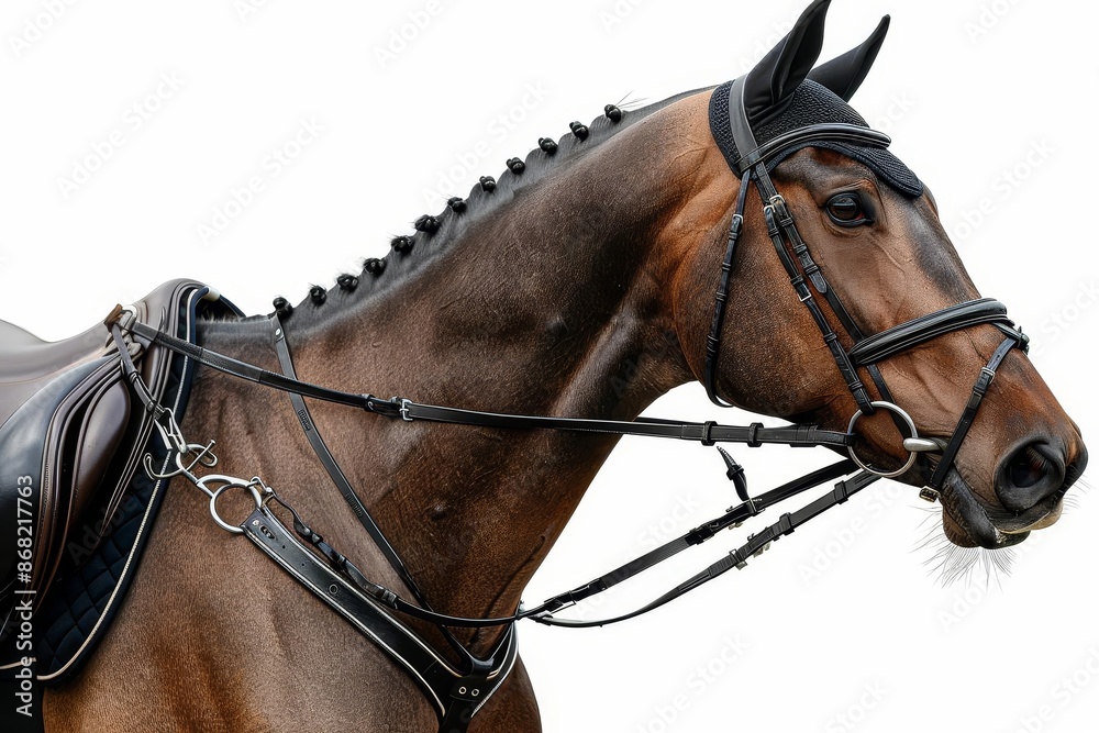 Obraz premium Brown horse with a black saddle and bridle, white background