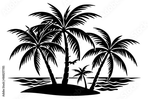 Tropical island with palm trees silhouette