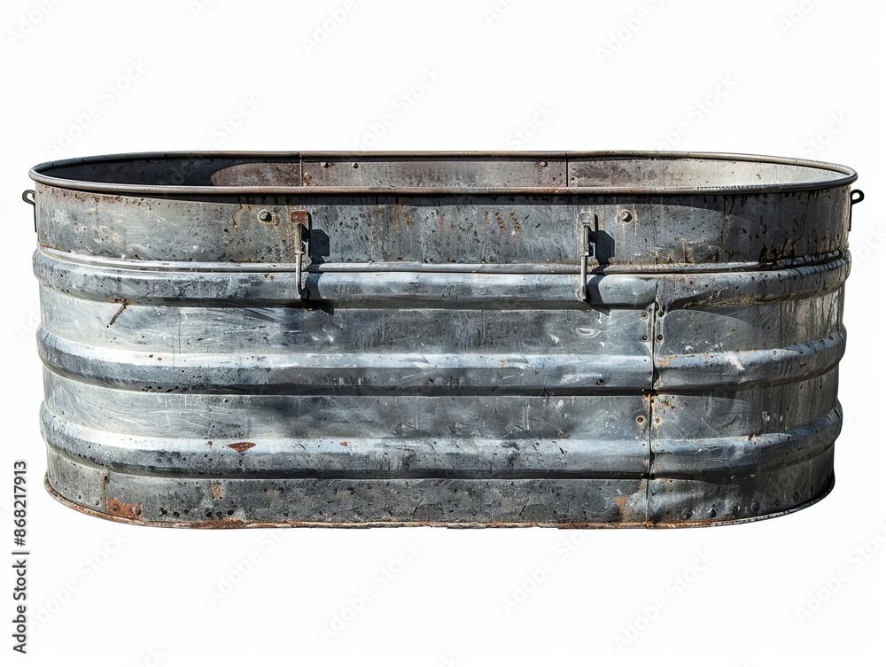 Large galvanized metal oval wash tub with ribbed sides, white background Large galvanized metal oval wash tub with ribbed sides, white background
