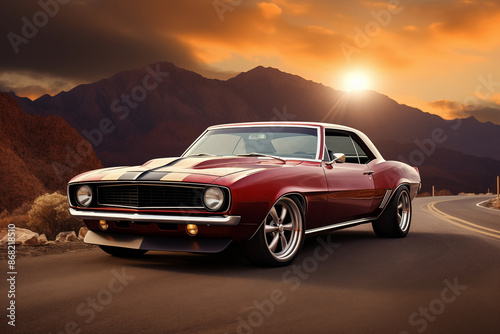 Vintage muscle car parked on open road with scenic sunset backdrop. Generative AI
