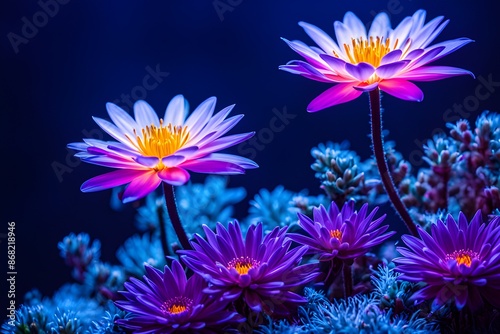 Vibrant lotus flowers glow in Kirlian photography against a dark backdrop, revealing their unique energy aura.

 photo