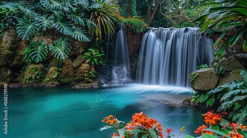 A tropical waterfall cascading into a turquoise pool, surrounded by exotic plants and flowers