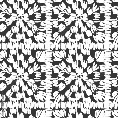 Crochet abstract background. Vector seamless pattern. Lace texture. knitted by hand or machine. Black and white print for fabric, home textile, wrapping paper