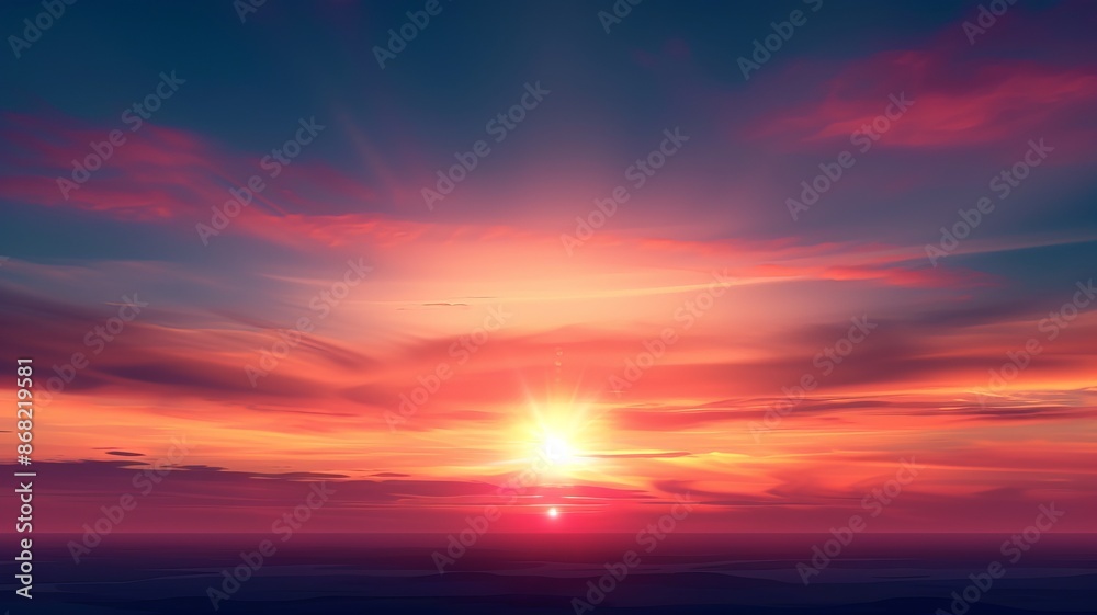 Obraz premium Breathtaking sunset over a calm horizon with vibrant red, orange, and purple hues painting the sky.