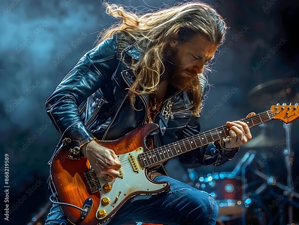 Obraz premium Charismatic Rock Musician Performing on Stage with Electric Guitar and Dynamic Poses