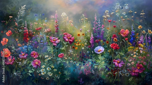 Enchanting Pastel Wildflowers Blooming in Lush Meadow Landscape with Expressive Brushwork © sw
