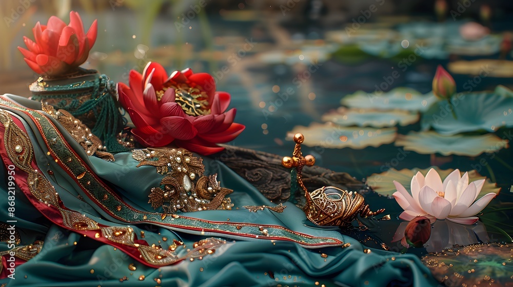 Naklejka premium Exquisite Thai Traditional Cloth with Retro Vintage Aesthetic and Luxurious Textures
