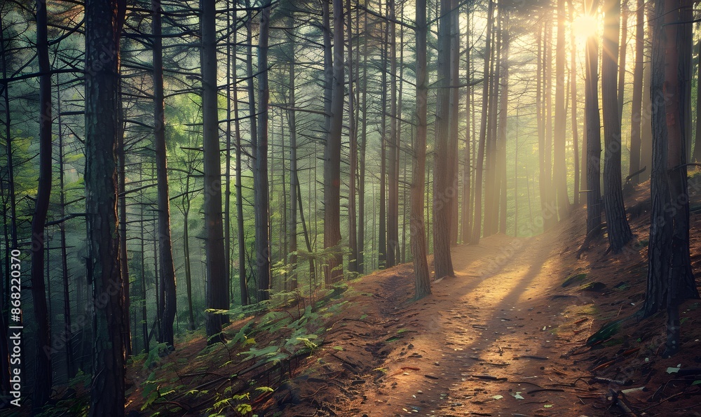 Obraz premium Sunbeams Through the Forest Trees
