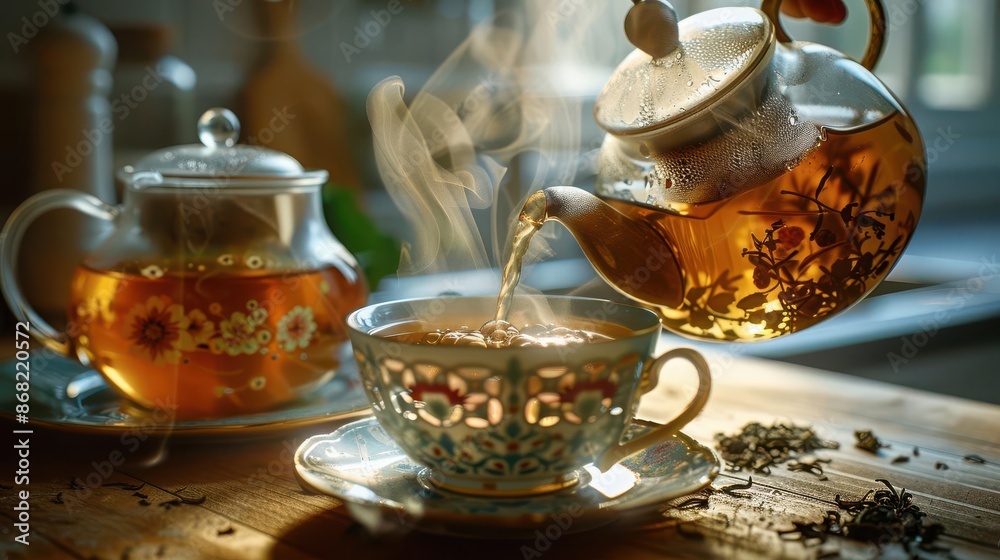 A close-up of a teapot pouring herbal tea into a delicate cup, with visible steam and a rustic kitchen background, photo-realistic, cozy and inviting A close-up of a teapot pouring herbal tea into a delicate cup, with visible steam and a rustic kitchen background, photo-realistic, cozy and inviting
