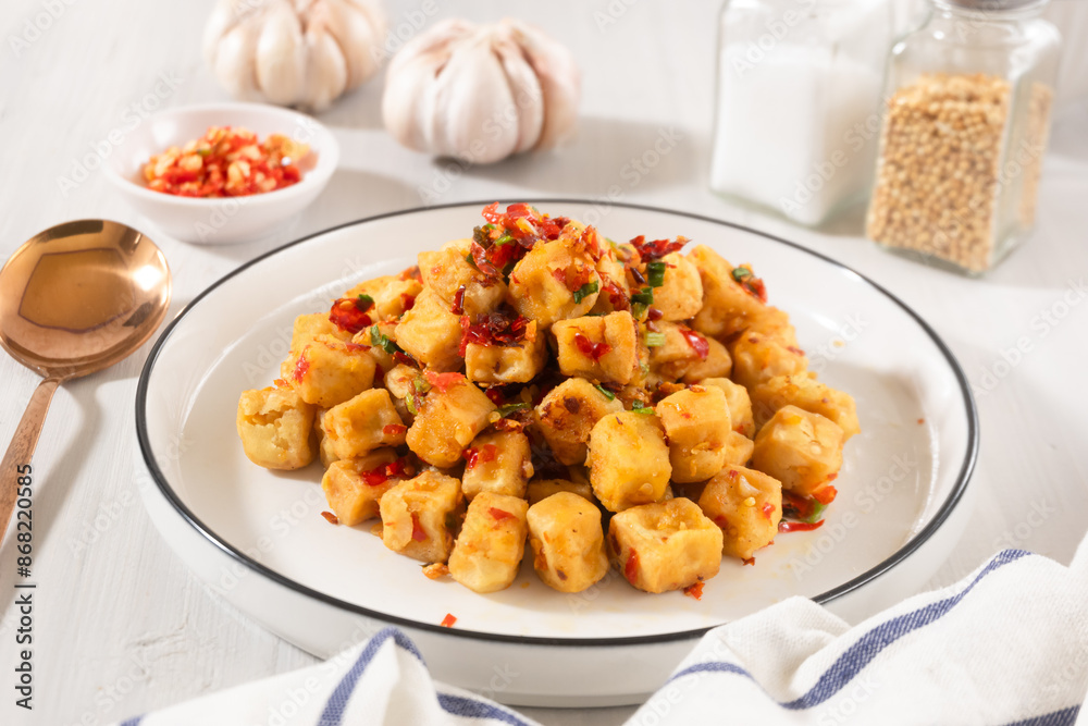 Tahu Cabe Garam or Salt and Pepper Tofu, Crispy Cubed Deep Fried Tofu with Garlic and Chilli Flakes. Perfect for recipe, article, or any cooking contents. Tahu Cabe Garam or Salt and Pepper Tofu, Crispy Cubed Deep Fried Tofu with Garlic and Chilli Flakes. Perfect for recipe, article, or any cooking contents.