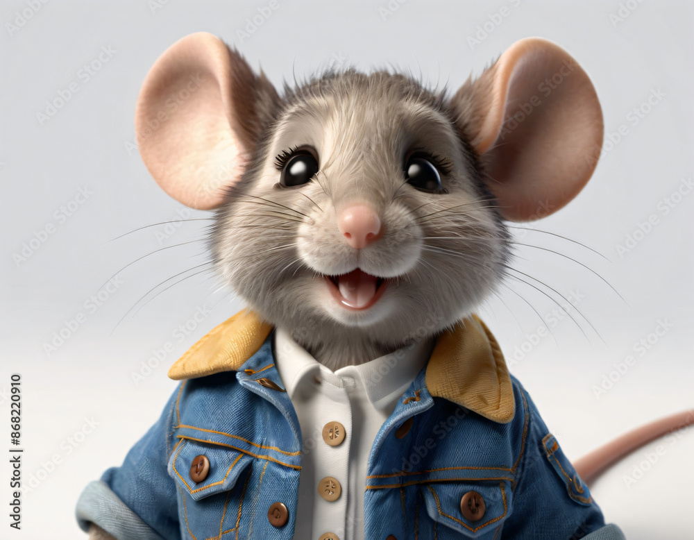 Obraz premium Cute little mouse in the jeans, słodka mała w kurtce jeansowej, animacja, grafika, 3d
