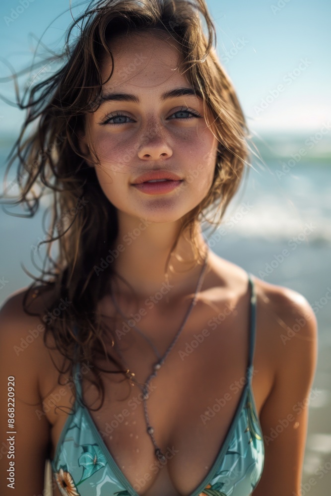 Young woman with freckles posing on a beach Young woman with freckles posing on a beach