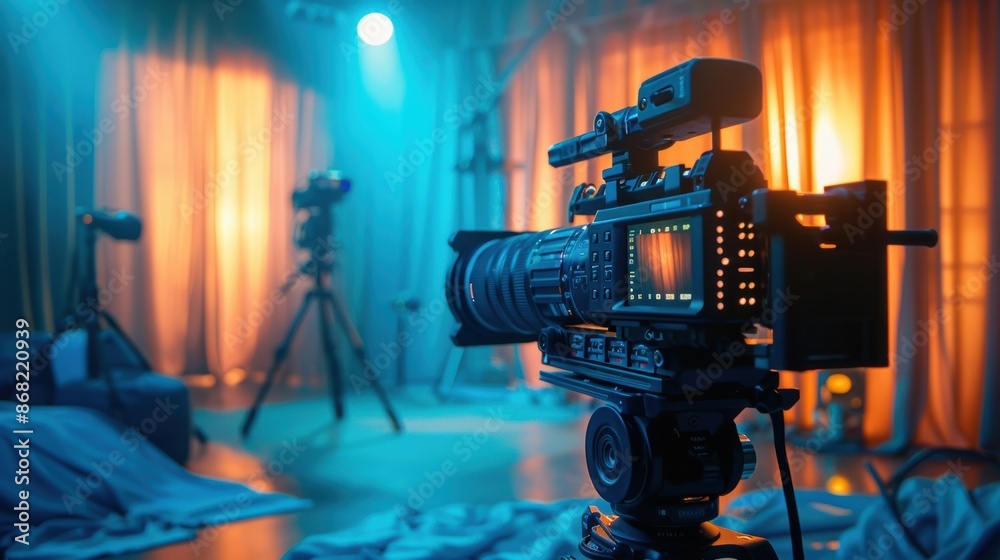 Fototapeta premium Professional Camera Setup in a Studio with Dramatic Lighting for Film or Video Production