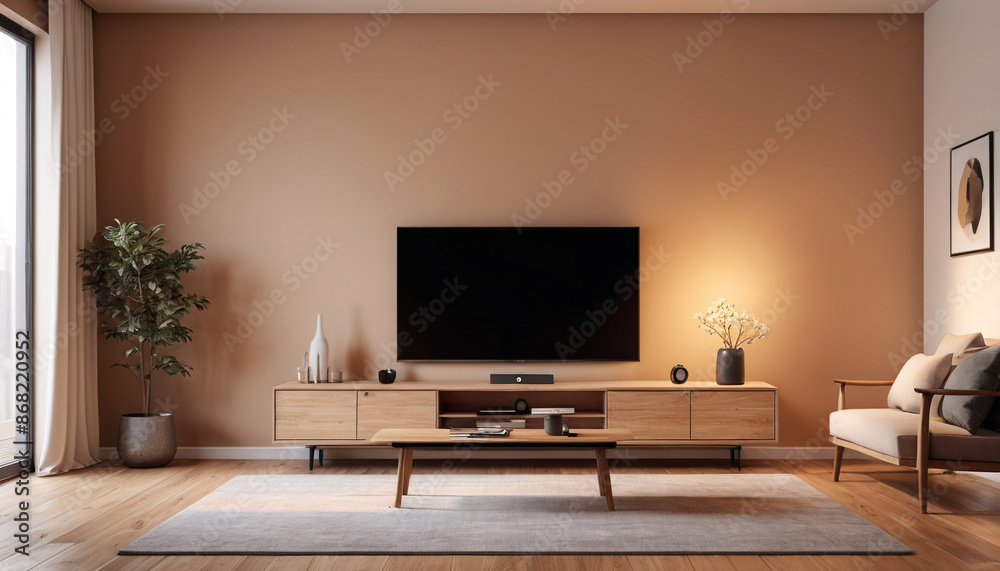 The minimalist relaxing room features a plain wall backdrop in the warm hue of Tanbark, offering a cozy and contemporary environment for relaxation, Generative AI The minimalist relaxing room features a plain wall backdrop in the warm hue of Tanbark, offering a cozy and contemporary environment for relaxation, Generative AI
