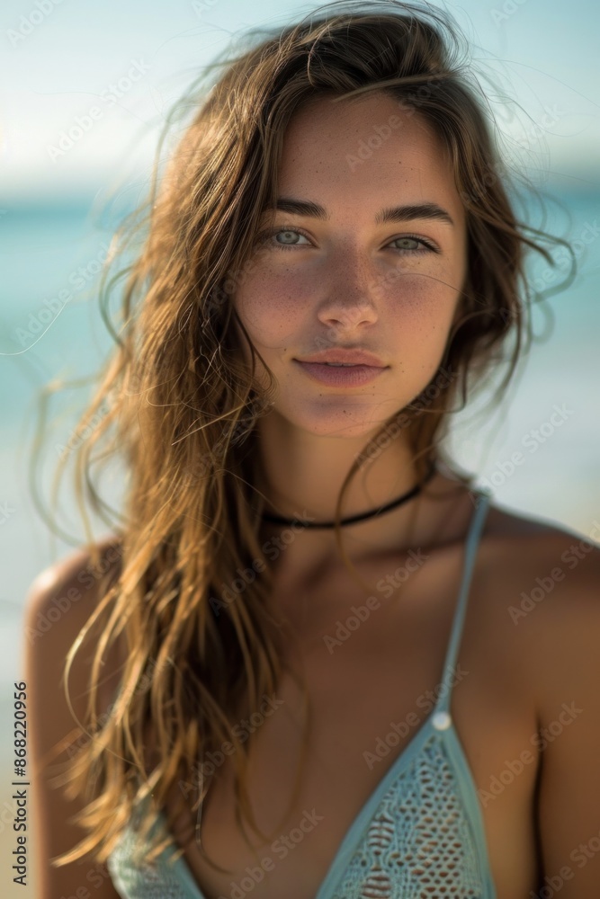 Beautiful young woman posing at beach with turquoise water Beautiful young woman posing at beach with turquoise water