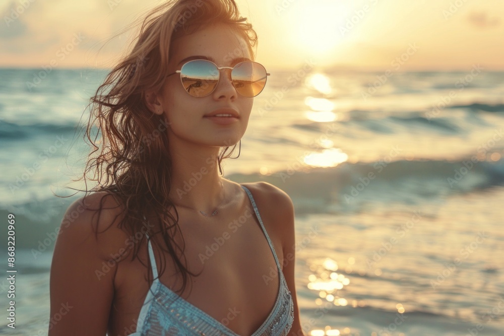 Beautiful young woman wearing sunglasses posing on the beach at sunset Beautiful young woman wearing sunglasses posing on the beach at sunset