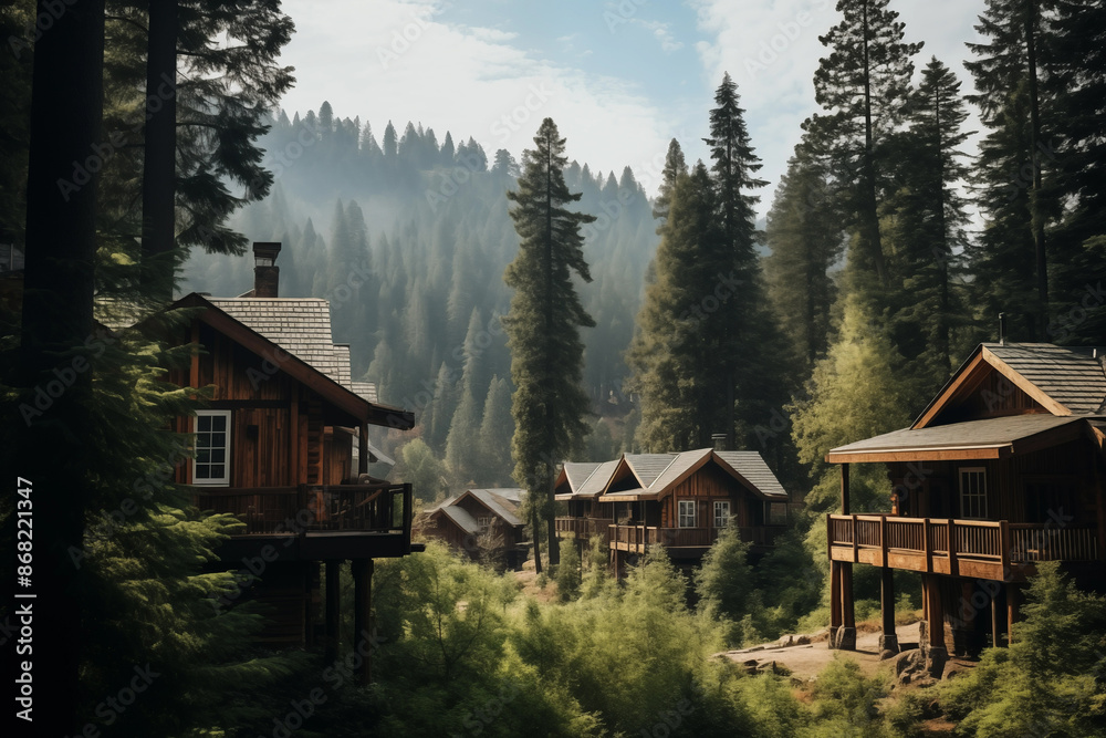 Wooden houses surrounded by dense pine trees. Generative AI Wooden houses surrounded by dense pine trees. Generative AI