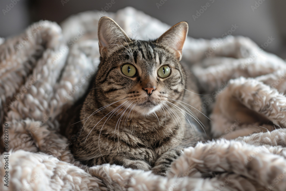 Tabby cat with green eyes posing on soft blanket fluffy coat on display Tabby cat with green eyes posing on soft blanket fluffy coat on display