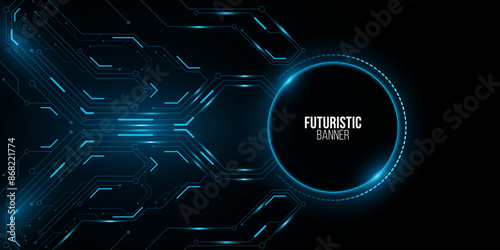 Futuristic hi-tech banner design. Glowing sci-fi HUD circle with computer circuit board. Technology background. Vector illustration. EPS 10