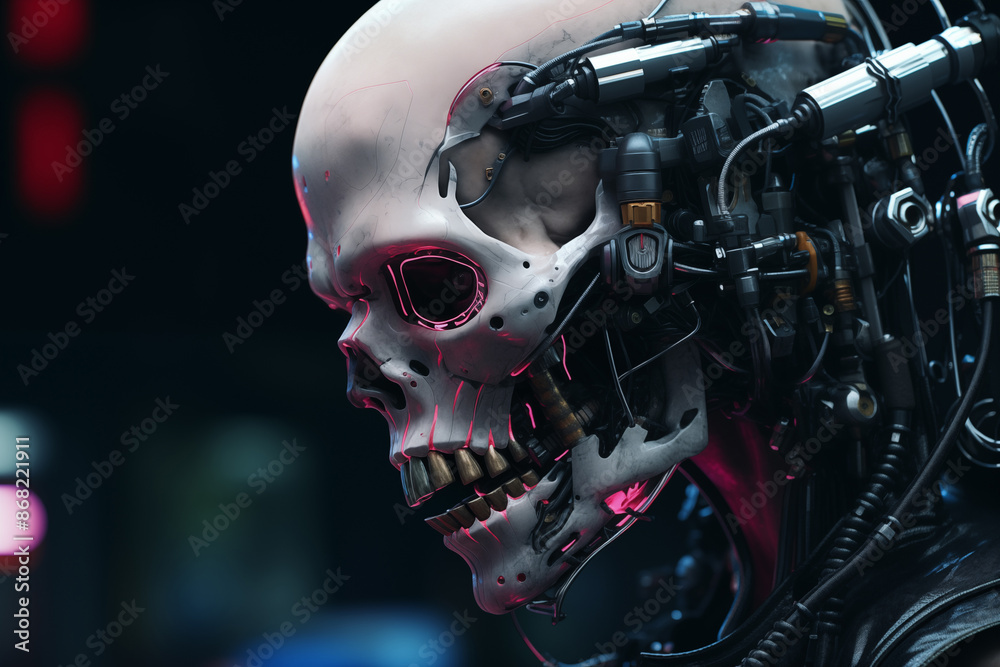 Scary AI operated robot face with red lights instead eyes and many detailed patterns. Generative AI Scary AI operated robot face with red lights instead eyes and many detailed patterns. Generative AI