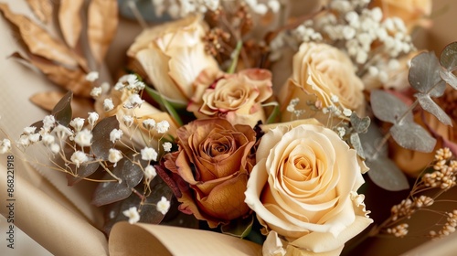Closeup view of a bouquet of dried roses in various shades of brown and beige, The roses are interspersed and eucalyptus leaves, The bouquet is wrapped in brown paper, adding to its rustic charm.