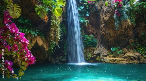 A tropical waterfall cascading into a turquoise pool, surrounded by exotic plants and flowers