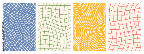 Hand drawn distorted mesh, grid geometric funky groovy psychedelic backgrounds set. Chequered, checked, check doodle artistic patterns, curved uneven warped lines. Rectangle cover templates collection