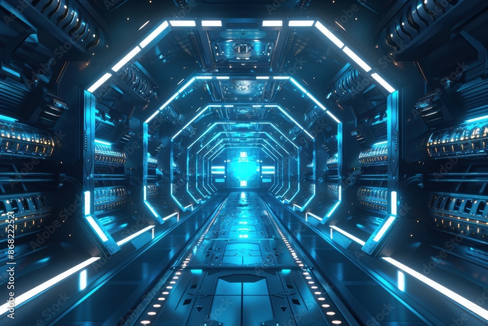 Futuristic Sci-Fi Spaceship Corridor with Blue Neon Lights. Explore the Depths of Space Travel and Technology Futuristic Sci-Fi Spaceship Corridor with Blue Neon Lights. Explore the Depths of Space Travel and Technology