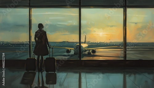 Traveler with luggage looks at airplane through airport window at sunset, depicting journey, travel, and adventure.