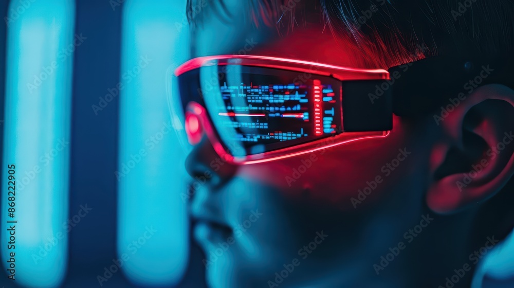 Obraz premium A conceptual art piece of a cyber kid exploring a neonlit virtual world with advanced gadgets with copy space