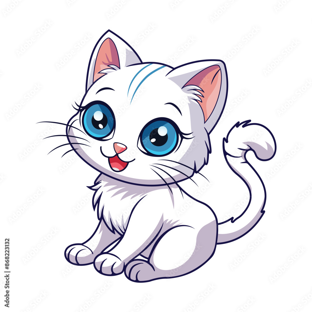 Cute white cat with beautiful blue eyes. International cat day. Cartoon character in flat style. Vector illustration Cute white cat with beautiful blue eyes. International cat day. Cartoon character in flat style. Vector illustration