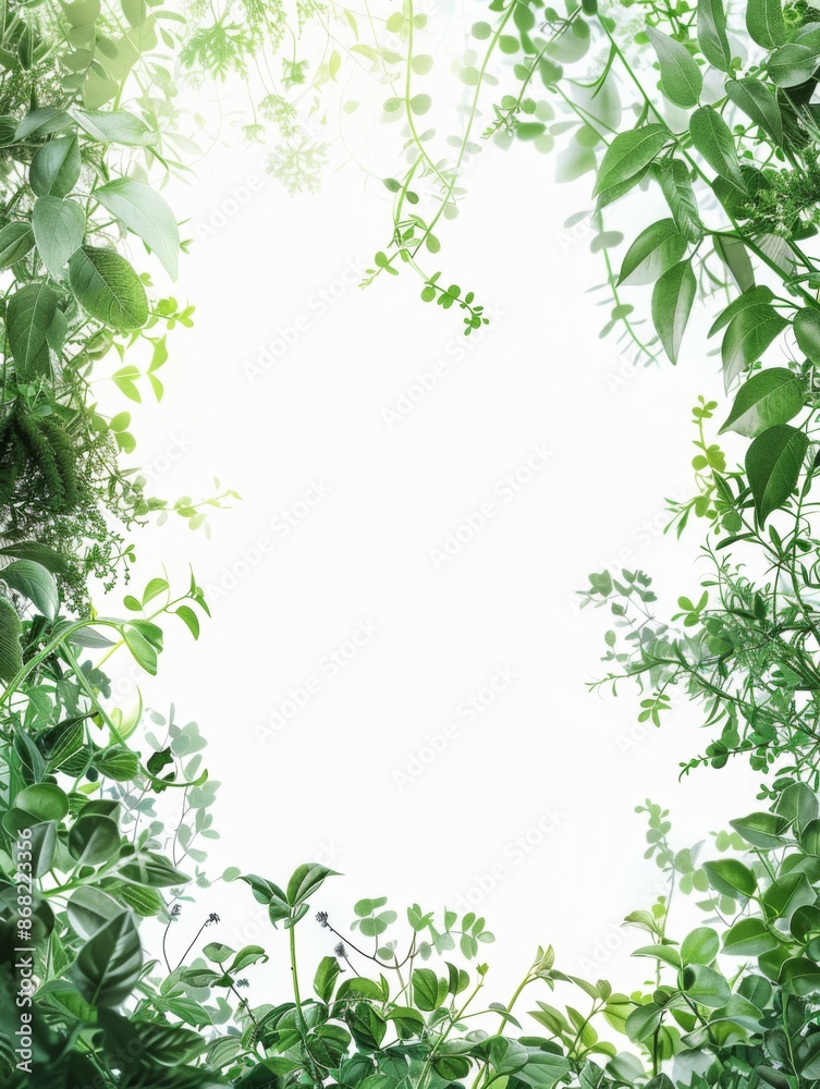 Green leaves of the plant border the empty space on a white background. Green leaves of the plant border the empty space on a white background.