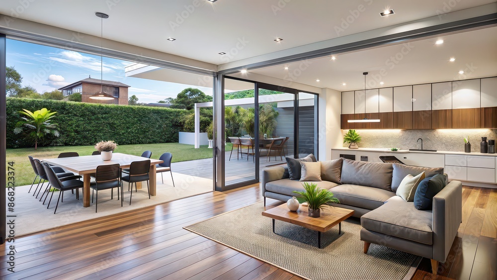 Modern open plan living room and dining area with sliding doors leading to backyard, Australian