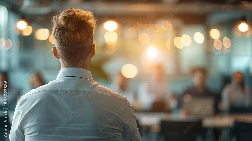 Young entrepreneur presenting a business plan to a group in a modern office, entrepreneurial activities, startup culture,