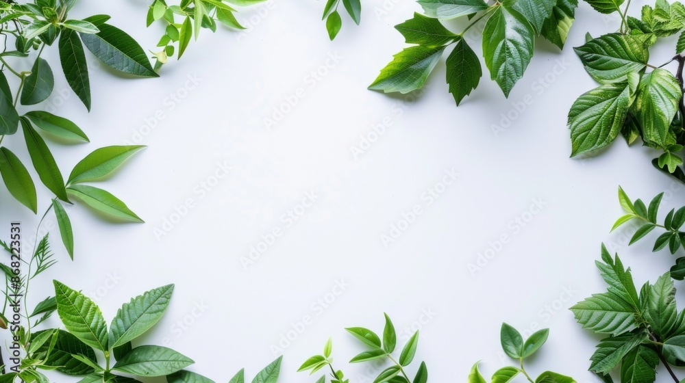 Green leaves of the plant border the empty space on a white background. Green leaves of the plant border the empty space on a white background.