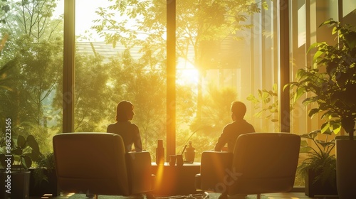 A Couple of People Sitting in Chairs in Front of a Large Window with the Sun Shining Through It - Generative AI