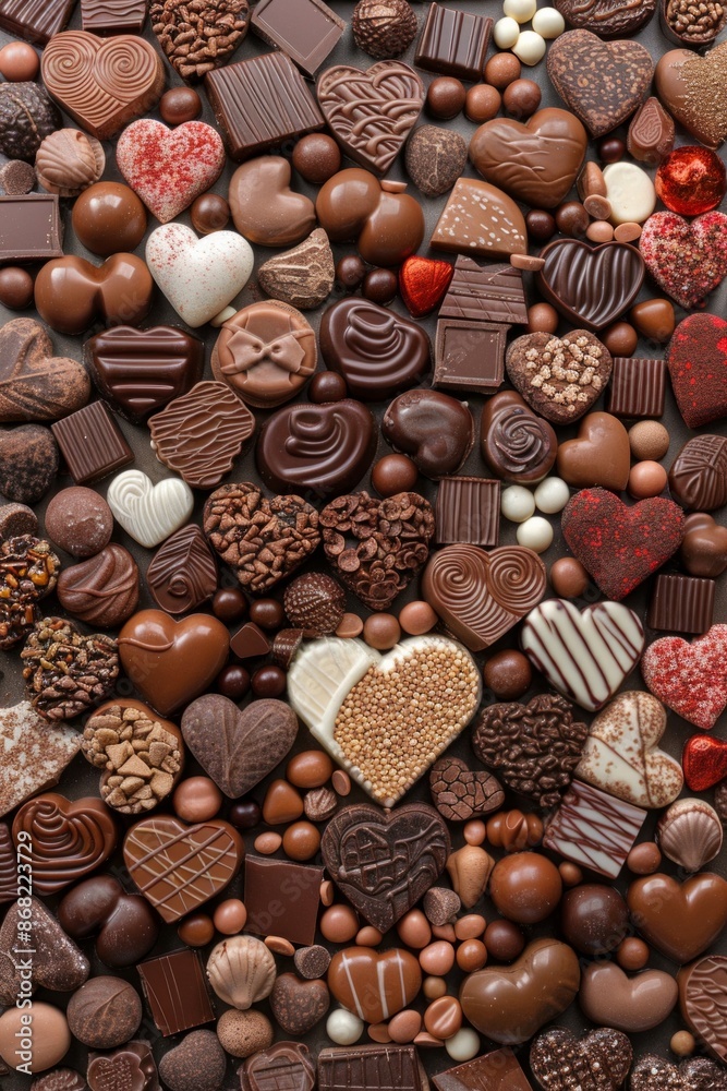 An abundant assortment of chocolates in love shape, tightly arranged to fill the entire frame. The chocolates feature a variety of textures and colors. An abundant assortment of chocolates in love shape, tightly arranged to fill the entire frame. The chocolates feature a variety of textures and colors.