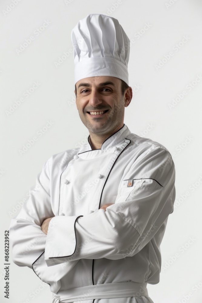 Confident chef smiling with folded arms on white background