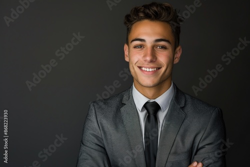 Young businessman smiling with arms crossed on dark background