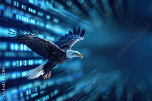 A digital world featuring a cyber eagle soaring through a sky filled with data streams with copy space photo