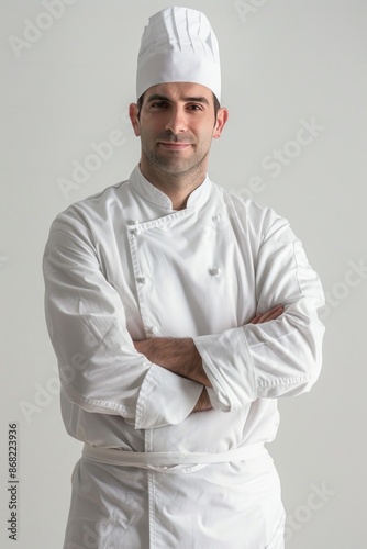 Confident male chef smiling with arms crossed on white background