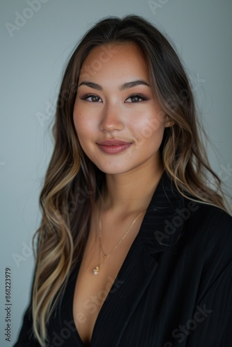 Young asian woman smiling wearing black blazer posing on blue background